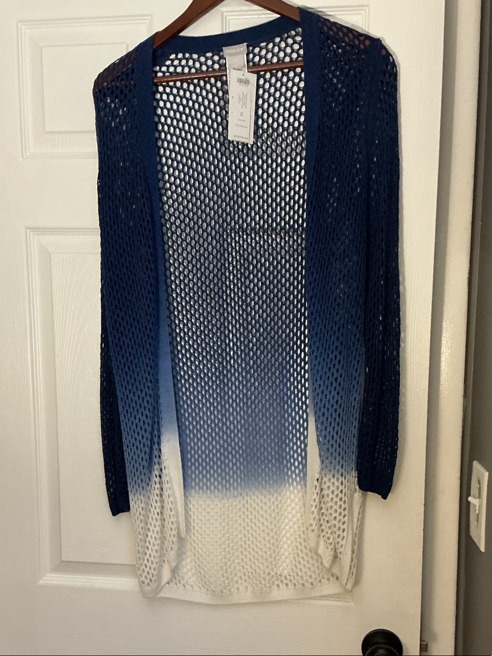 Chico's Open-Knit Ombre Cardigan in Navy and White